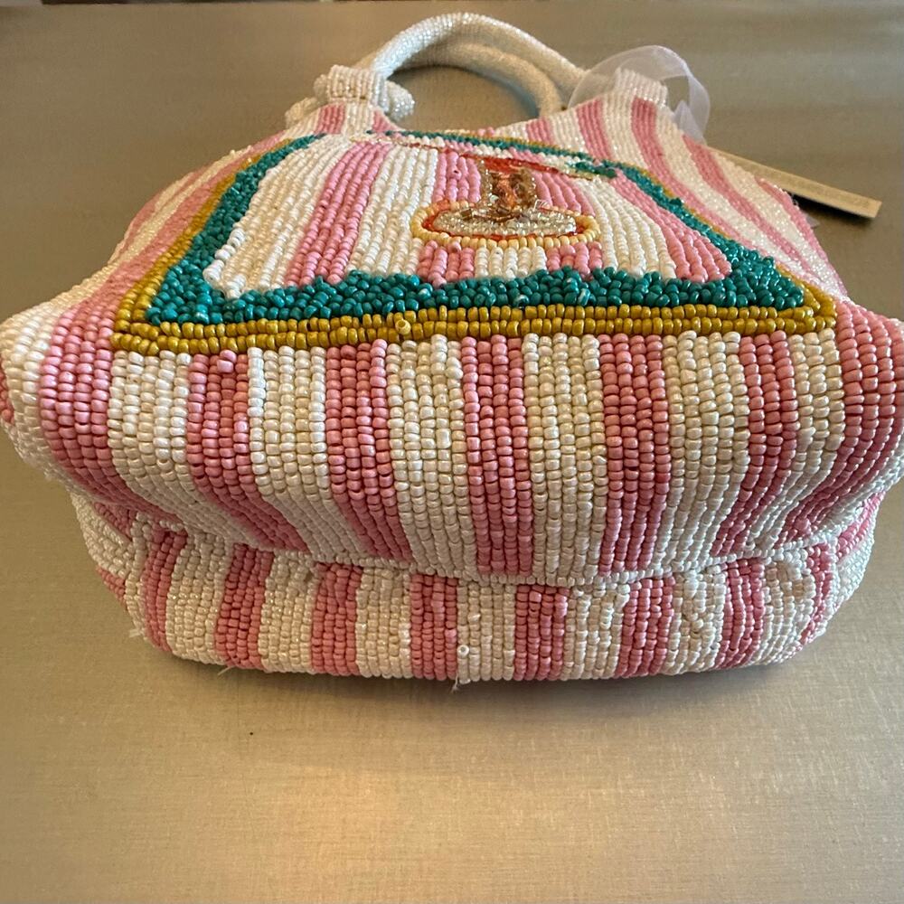 NWT Viral Handcrafted In India Beaded Pink White Striped Tote Cocktail Bag - Picture 3 of 11